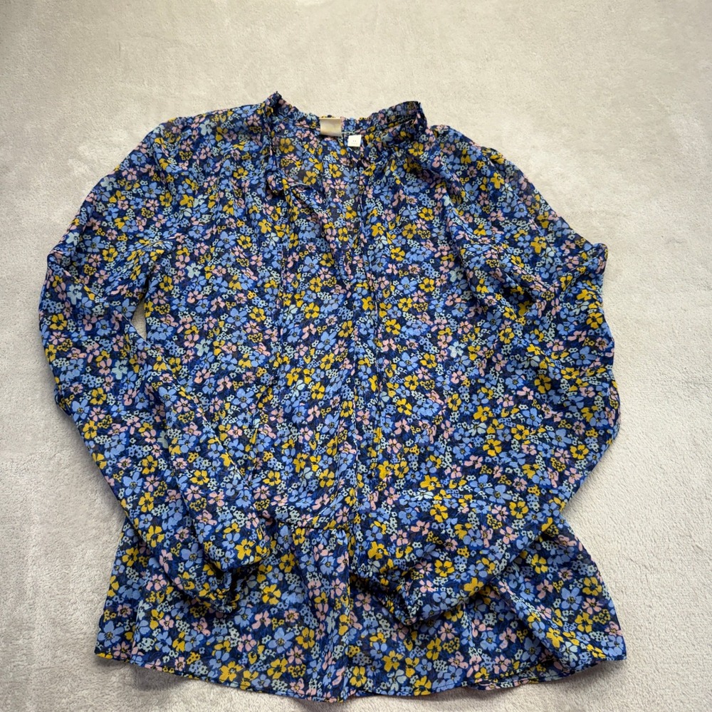 GAP Shirt Women's XS Blouse Blue Floral Peplum‎ Ruffle Neck Long Sleeve Chiffon